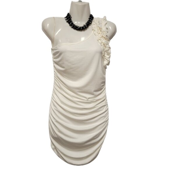 ONE Shoulder Body Con White Dress Mini Ruched Ruffle - Size S, Size M - Picture 1 of 12